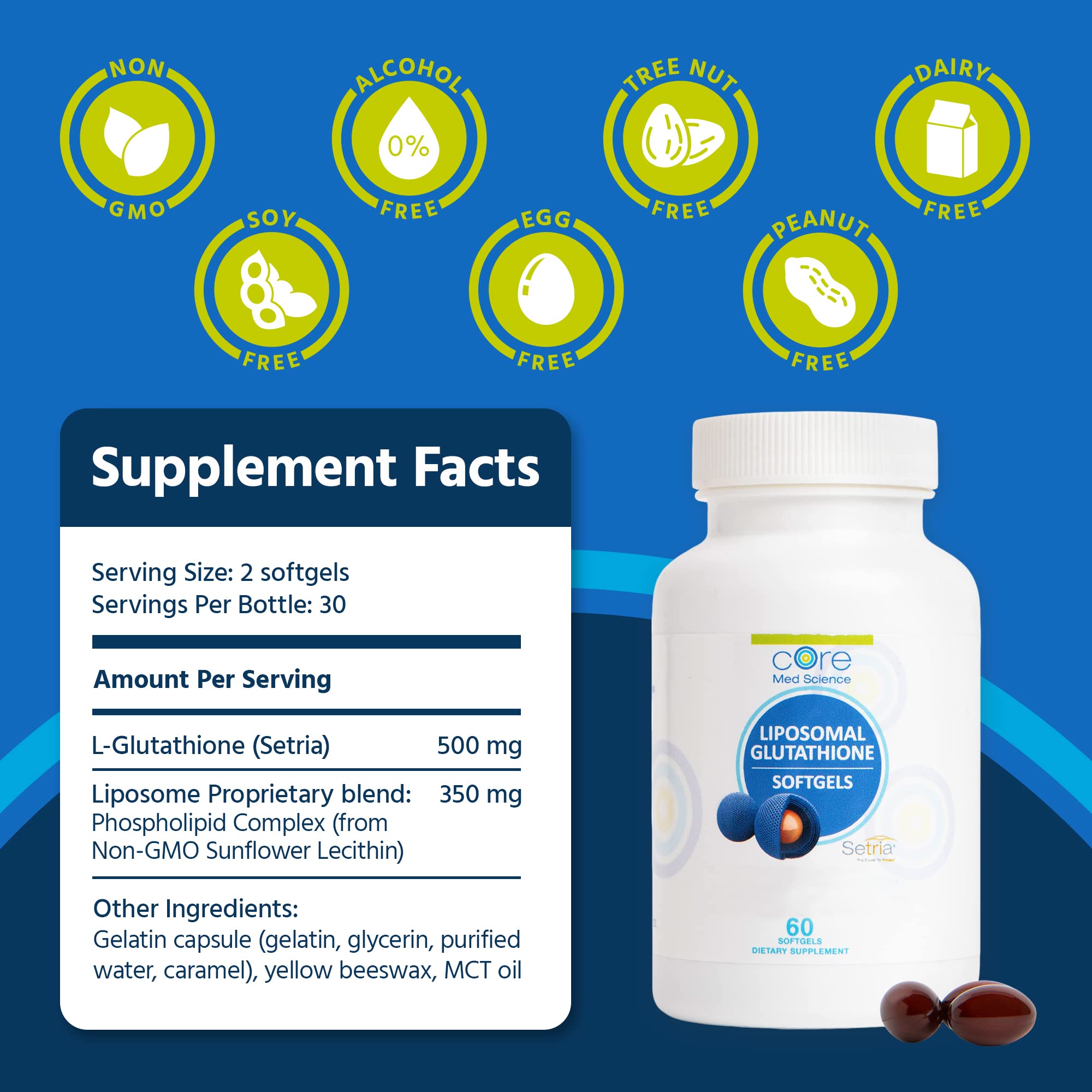 Core Med Science Glutathione liposomal gelules visibles, ingestion facile et absorption potentielle.