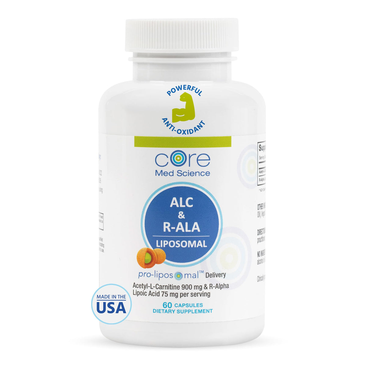 Capsules Core Med Science Liposomal ALC et R-ALA pour absorption rapide.