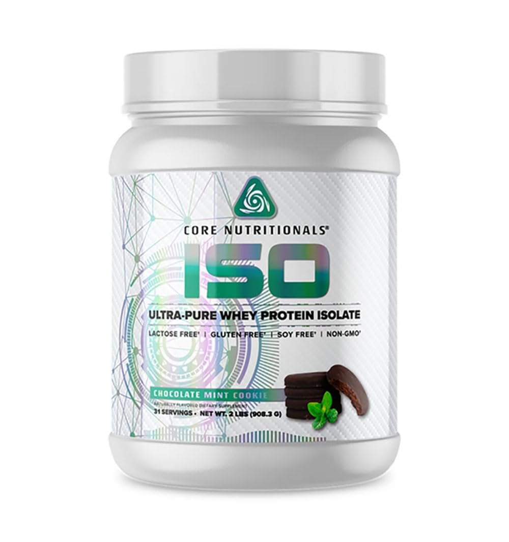 Core Nutritionals Iso Whey Protein Isolate — bouteille Chocolat Menthe Biscuit, goût gourmet.