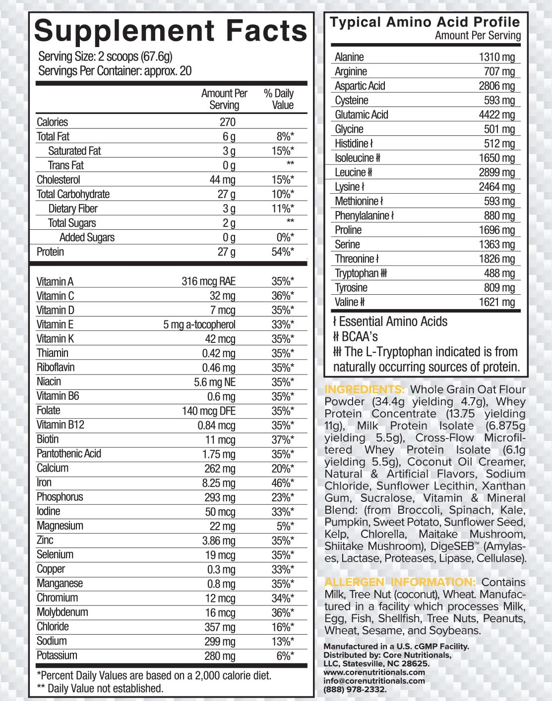 Core Nutritionals MRP – ingrédients complets, fibres et micronutriments pour le quotidien.
