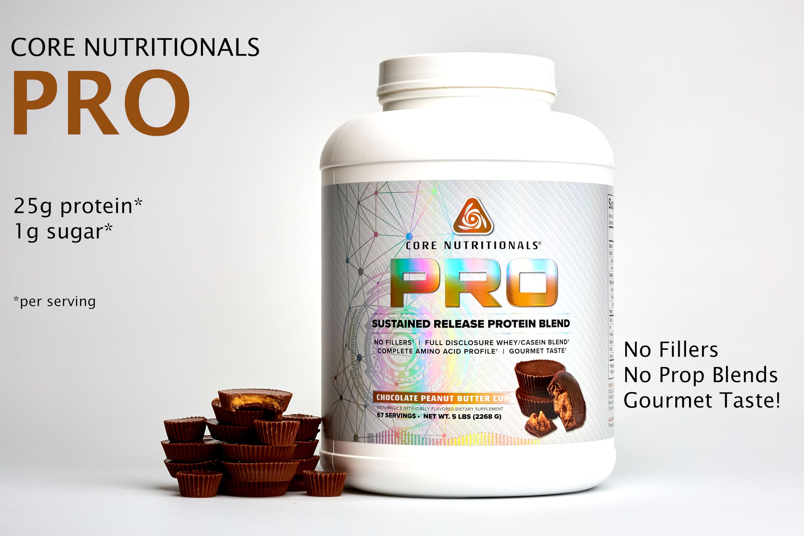 Core Nutritionals Pro Sustained Release whey, doseur-poudre — dosage précis pour une prise rapide et durable.