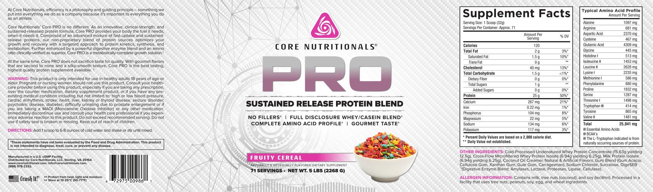 Core Nutritionals Protéine à libération prolongée, bol-dose visible, pratique après entraînement.