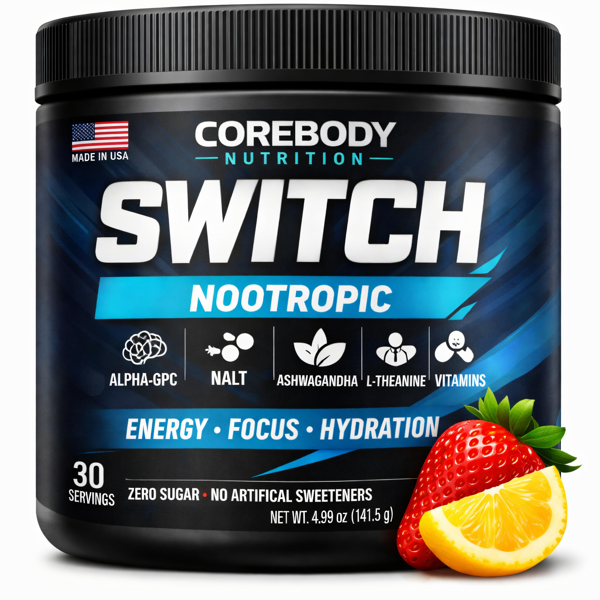CoreBody Switch poudre-bouteille, énergie propre et durable pour toute la journée.