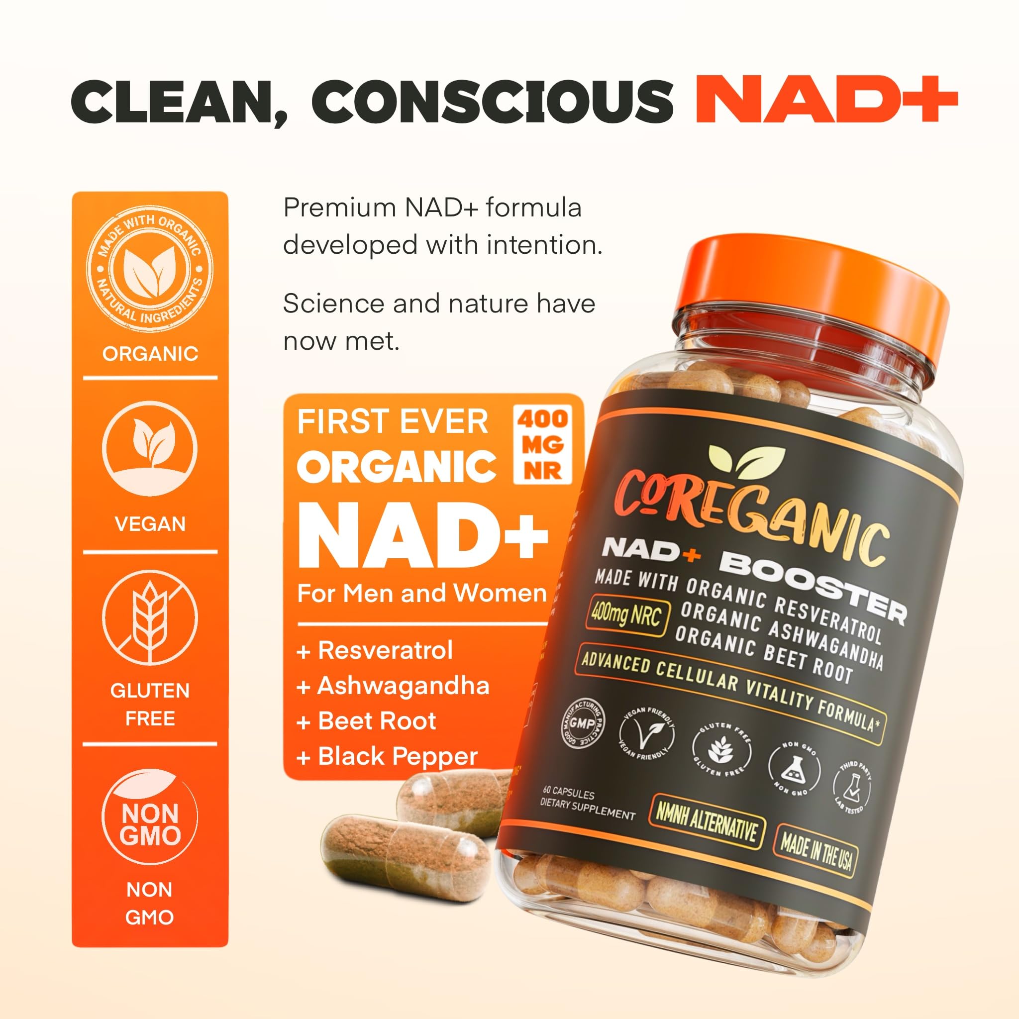 Coreganic NAD+ – résveratrol et ashwagandha pour l’antioxydant et la gestion du stress.