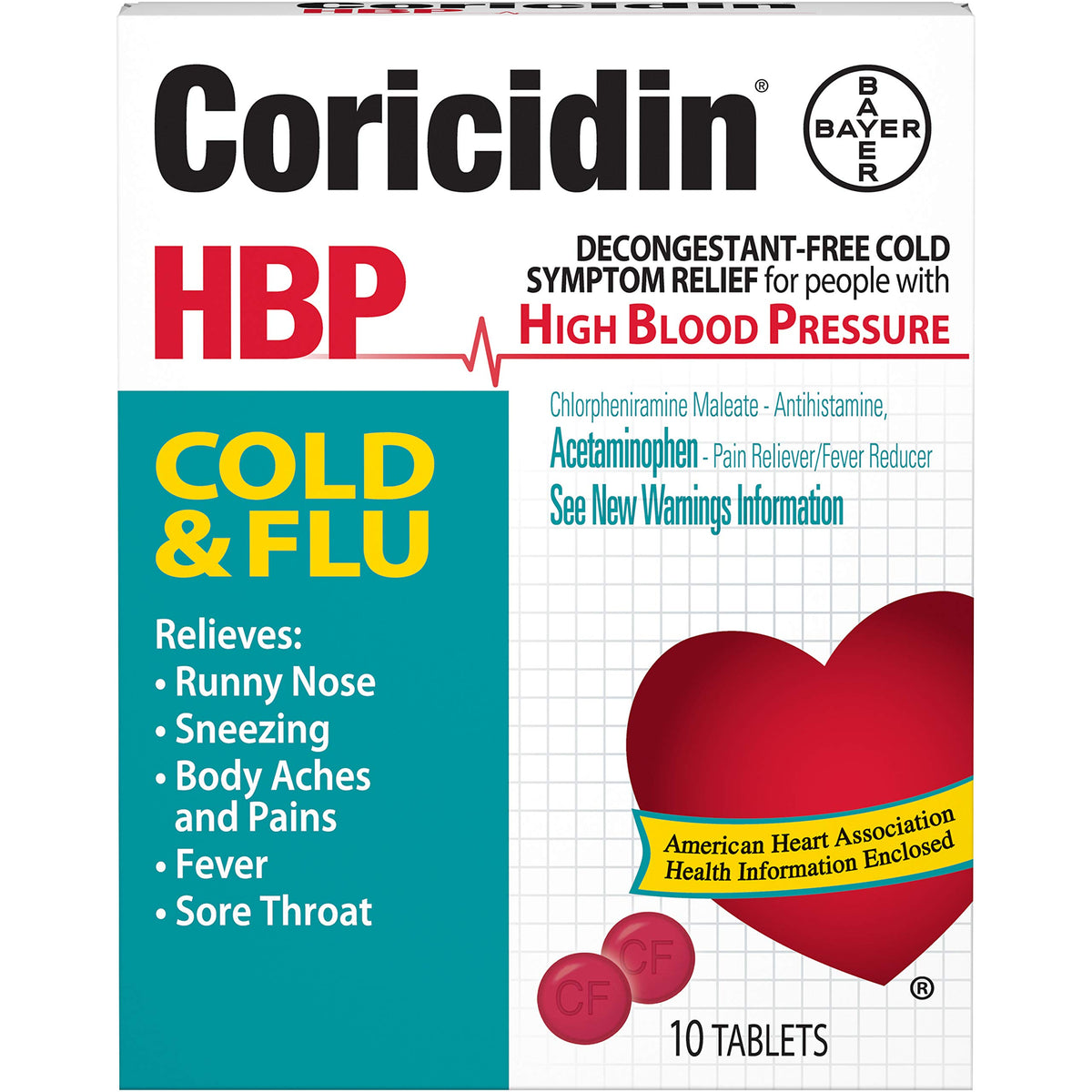 La boîte recto de Coricidin HBP présente une solution pratique pour le rhume.