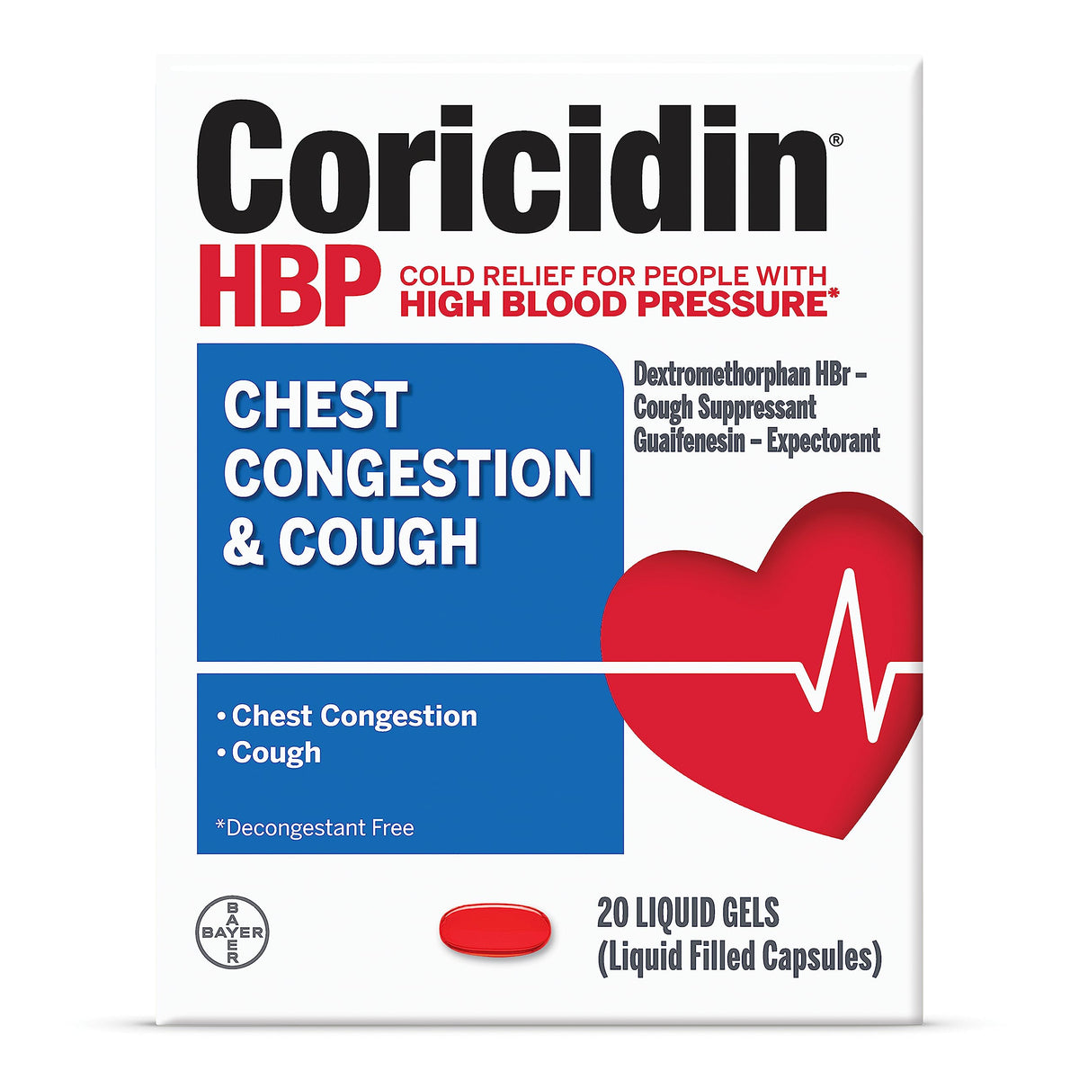 Coricidin HBP Liquigels emballage: soulagement rapide sans décongestionnant.