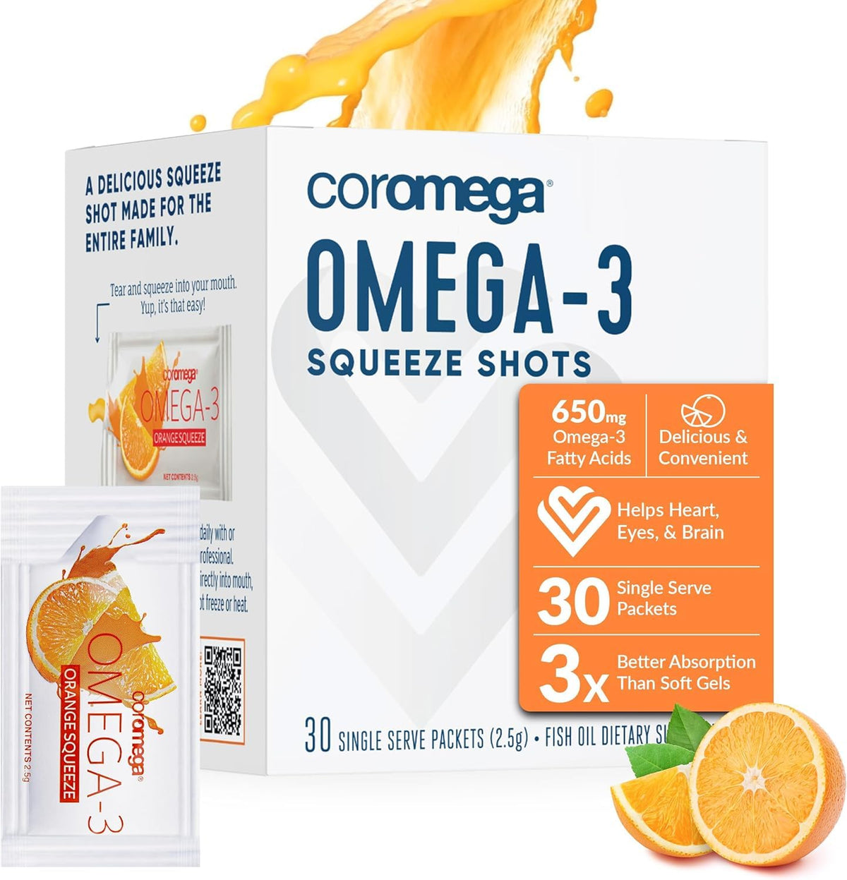 Coromega Omega-3, sachets pression orange, pratique à emporter.