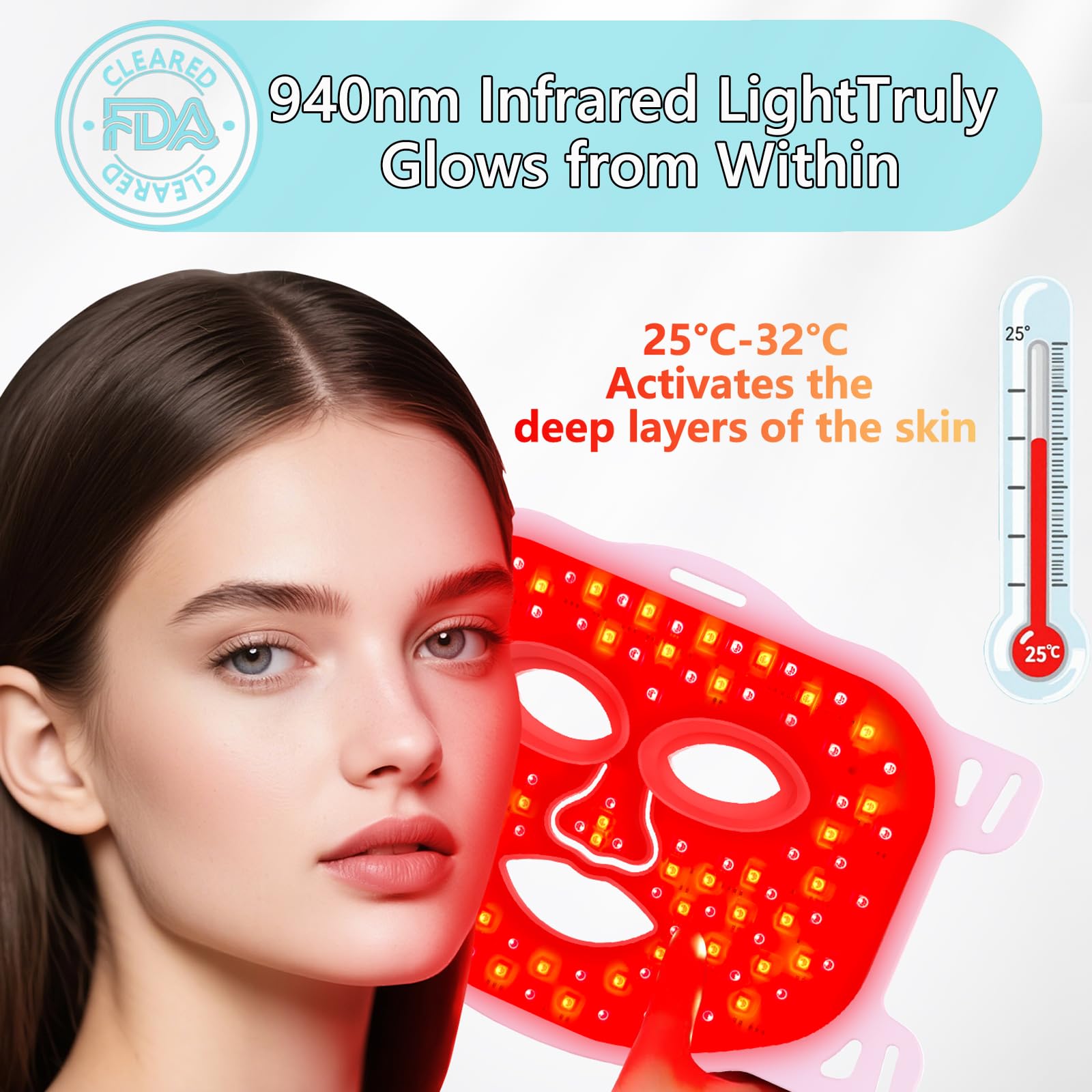 Coroover masque infrarouge: 850–940 nm pour un teint uniforme.