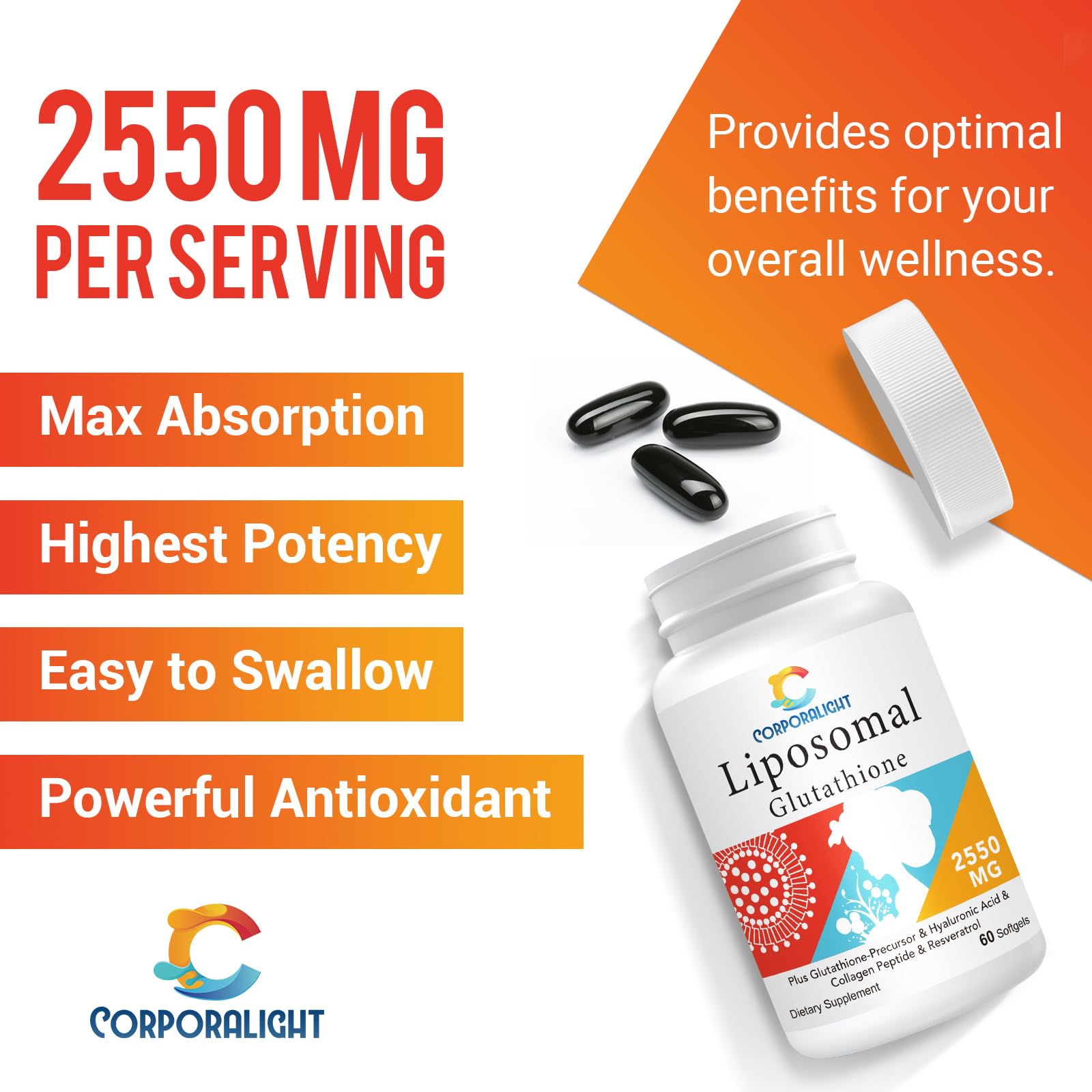 CORPORALIGHT ingrédients premium avec résveratrol et collagène pour la peau.