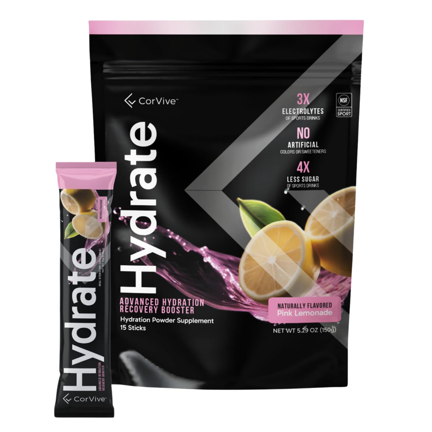 CorVive Hydrate poudre limonade rose, emballage pratique pour hydratation rapide pendant l'entraînement.
