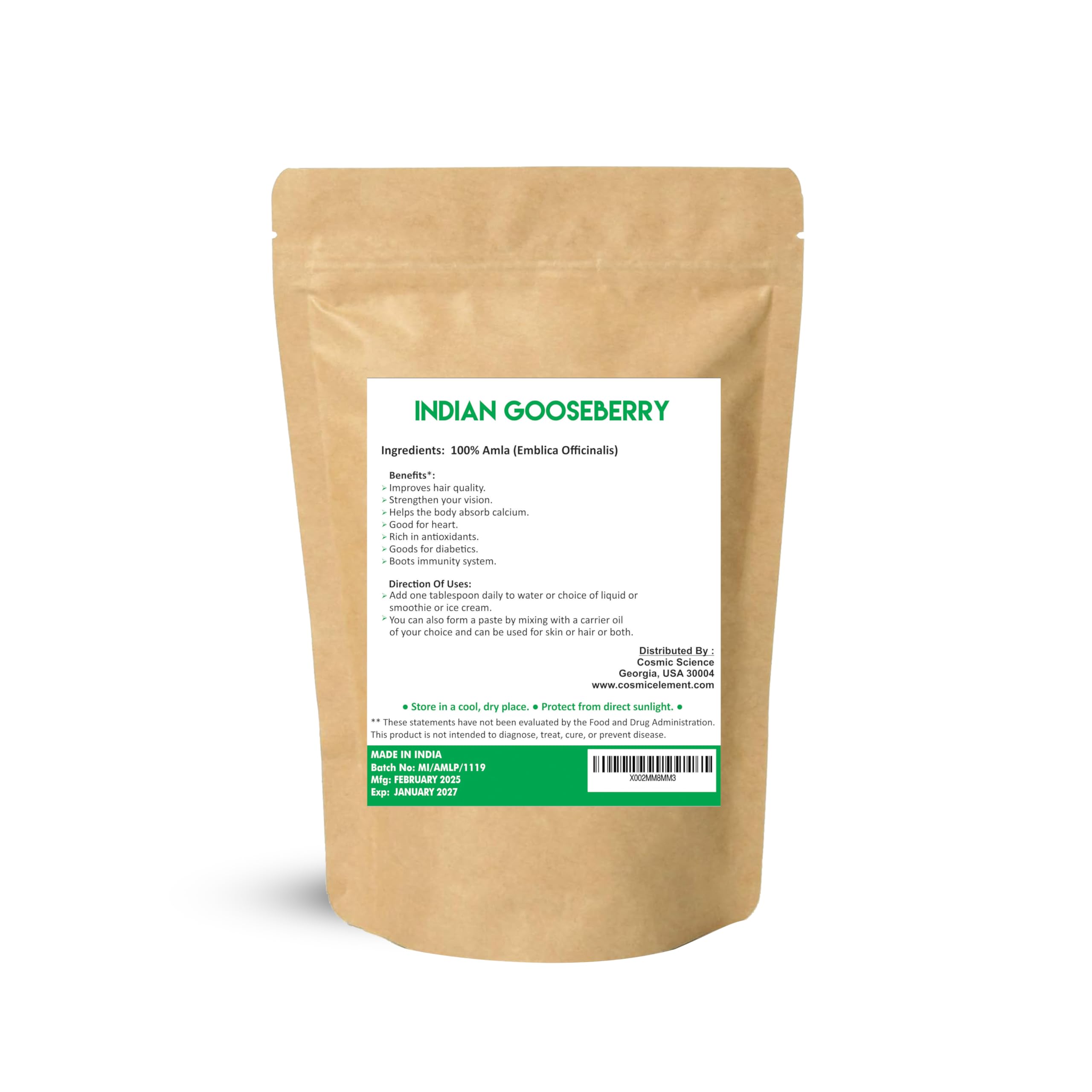 Cosmic Element Amla poudre usage en cuisine et smoothies.