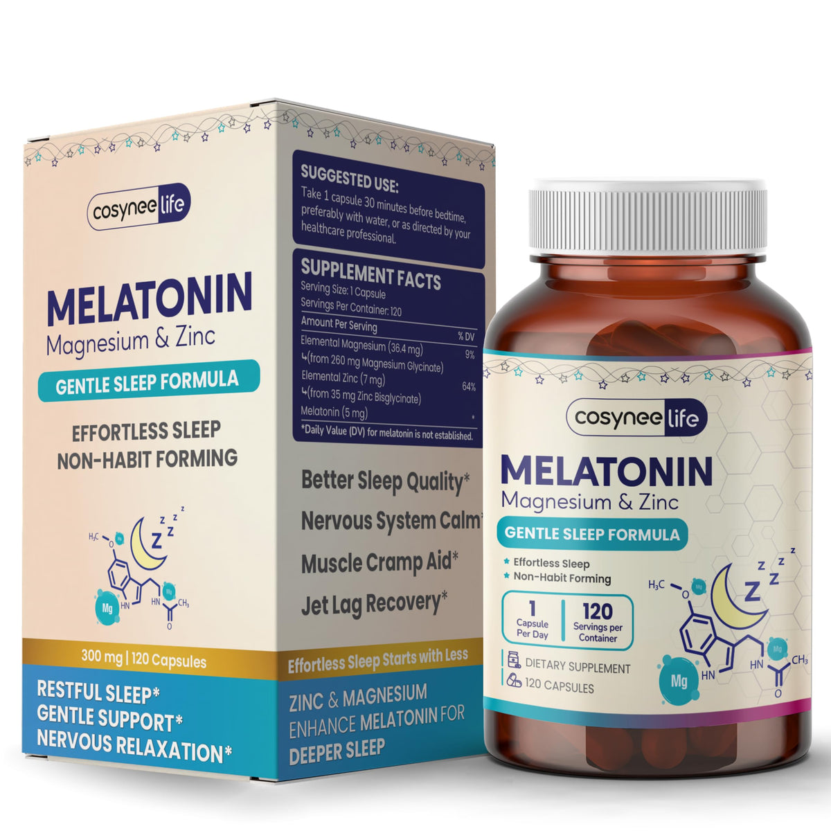 Cosynee Life Mélatonine 5 mg et magnésium glycniante, capsules faciles pour le sommeil.