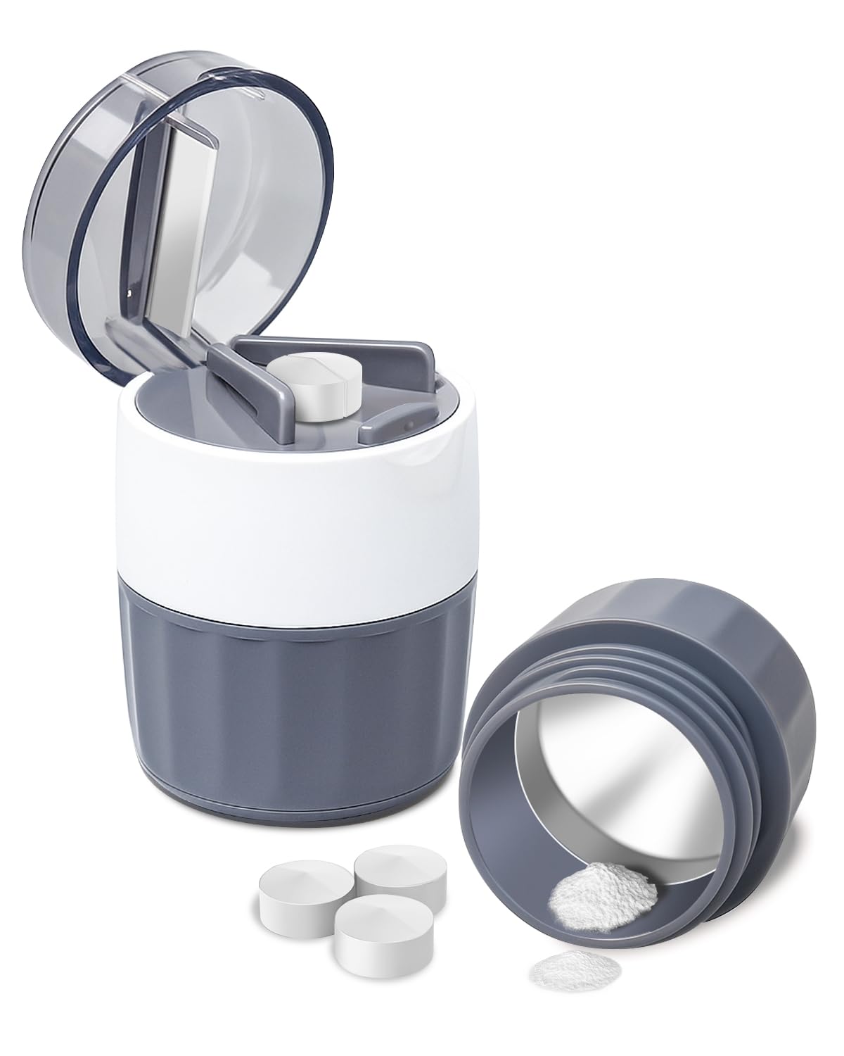 Cotatoc 3-en-1 presse-pilules compact, pratique en voyage et dosage.