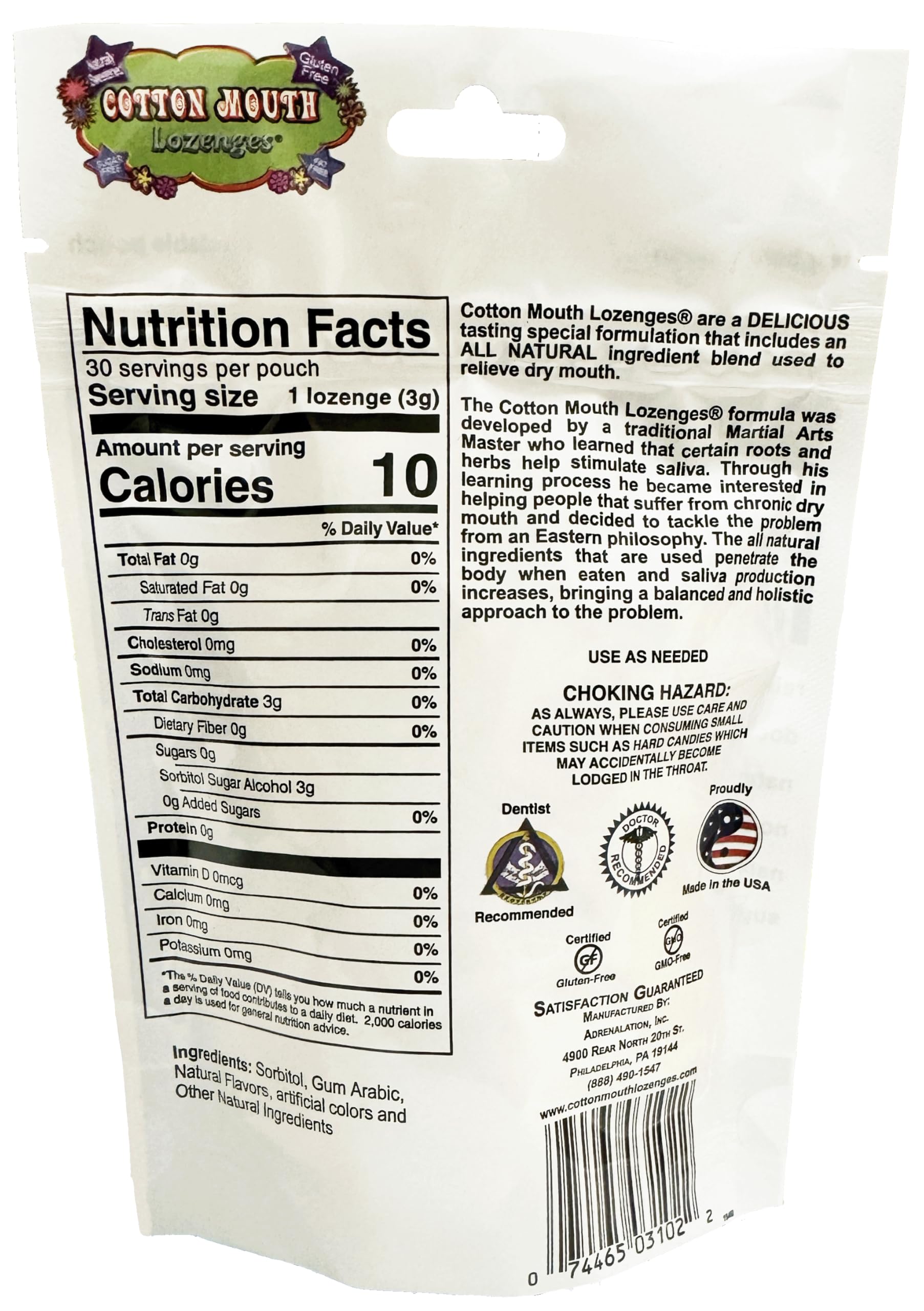 Pastilles Cotton Mouth Lozenges, saveur fruitée, expérience agréable sans sucre.
