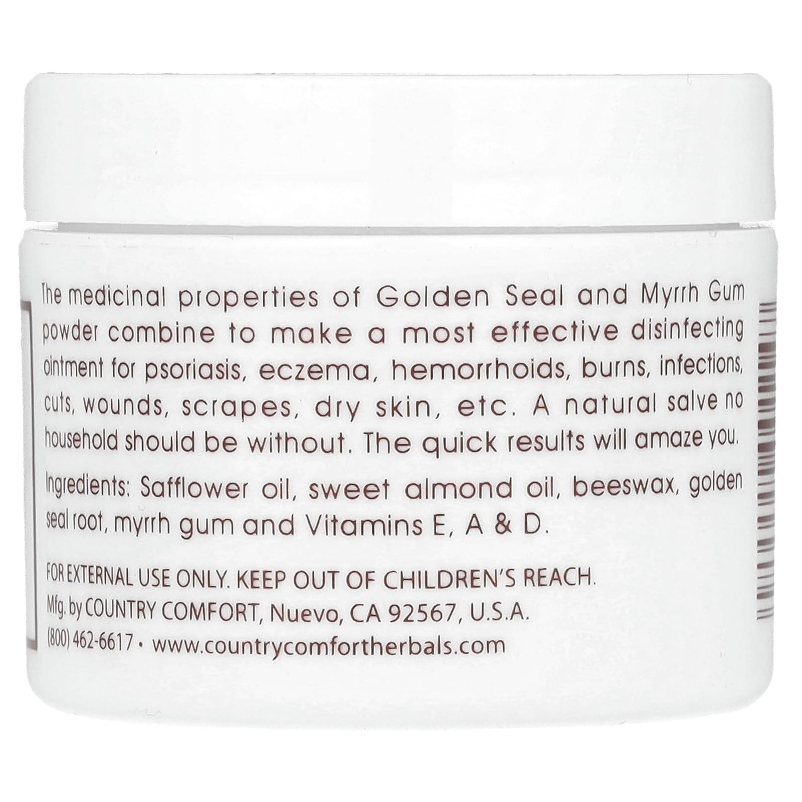 Country Comfort Goldenseal Myrrh salve emballage — présentation compacte et pratique.