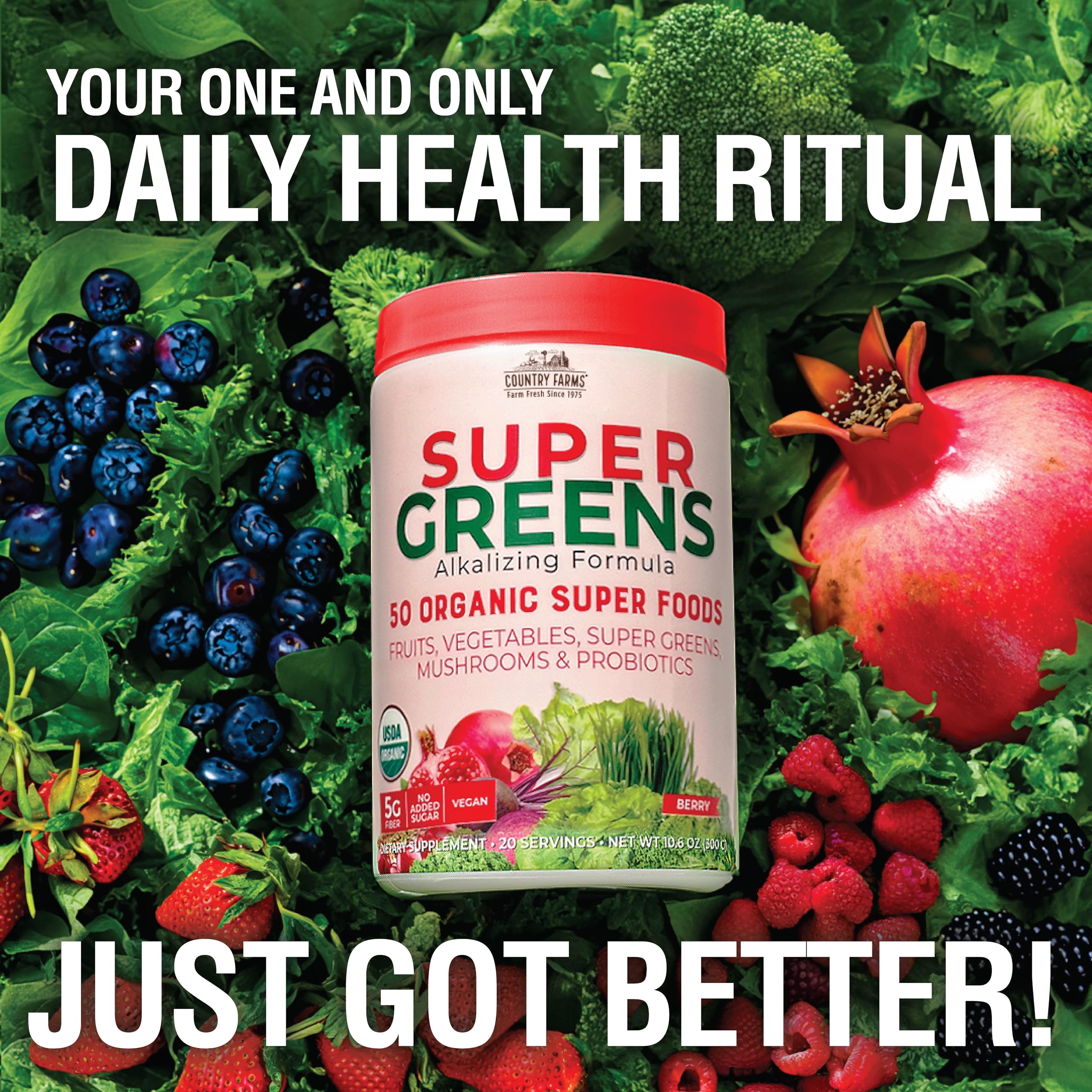 Country Farms Super Greens-aperitif-matin illustre une routine rapide et énergisante.