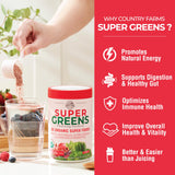 Country Farms Super Greens-assiette-fruits-legumes-champignons illustre la variété des ingrédients.