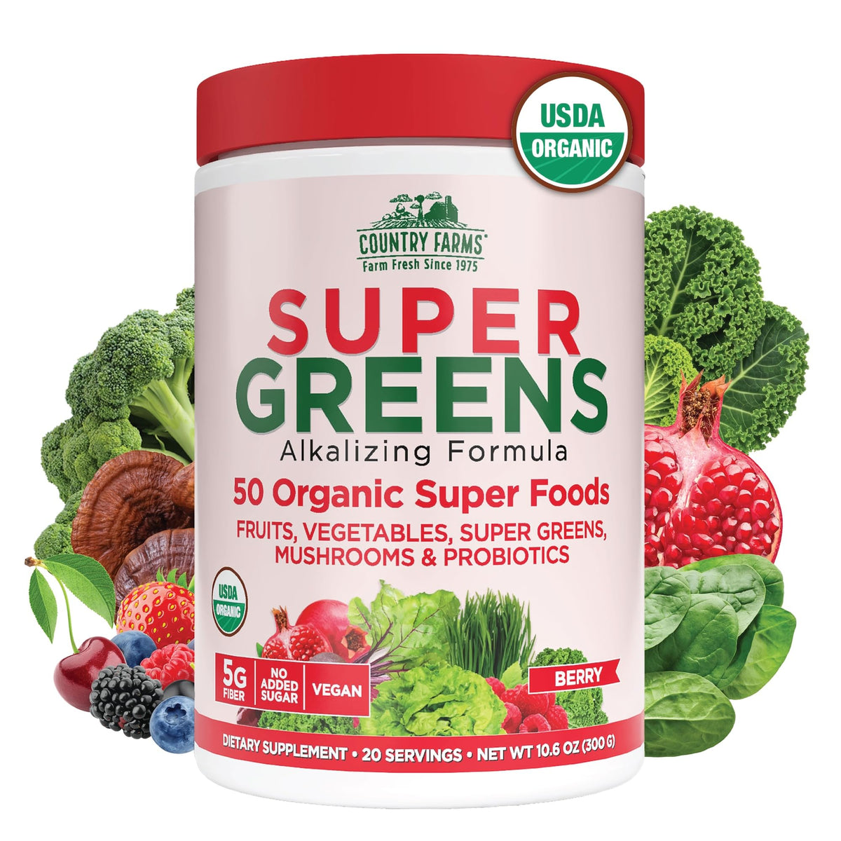 Country Farms Super Greens montre la bouteille baies-fruits pour une énergie naturelle potentielle.