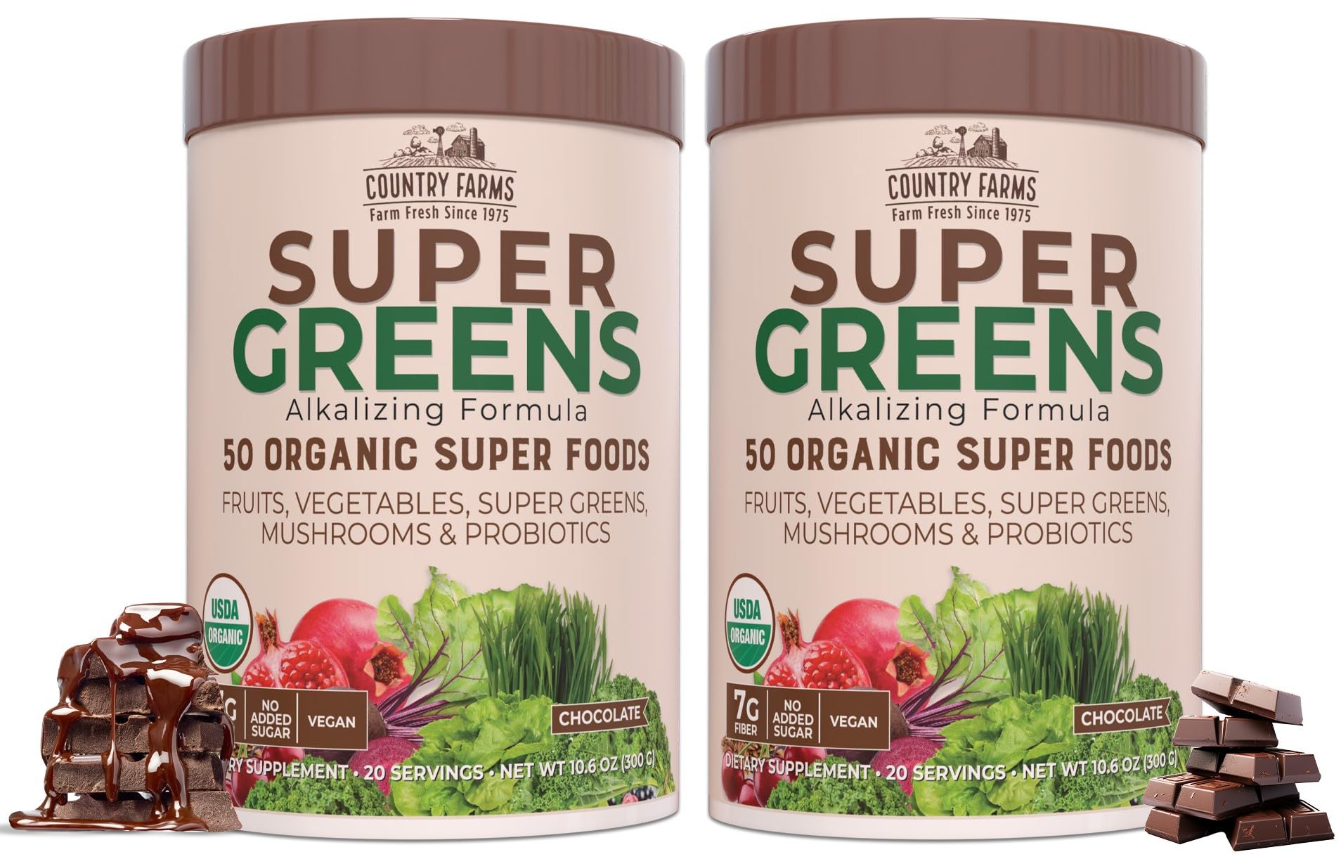 Country Farms Super Greens Chocolat – Bouteille: énergie quotidienne soutenue par 50 ingrédients bio.