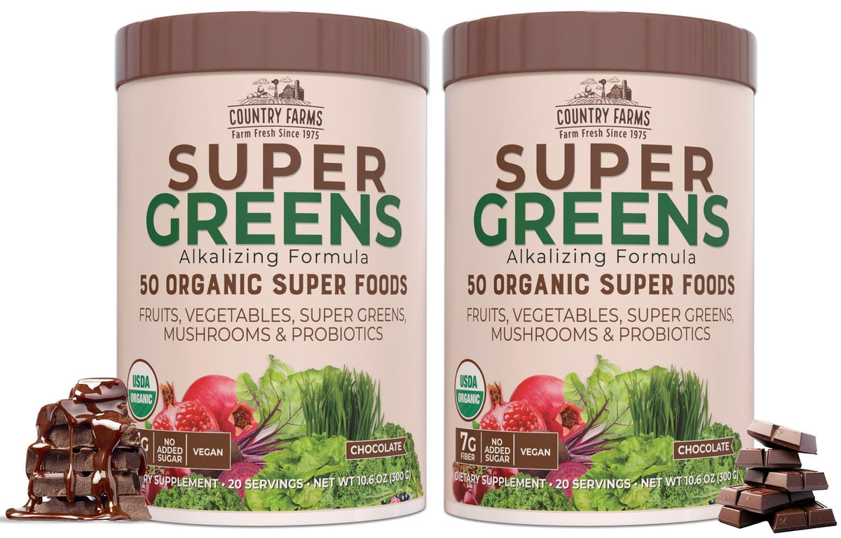 Country Farms Super Greens Chocolat – Bouteille: énergie quotidienne soutenue par 50 ingrédients bio.