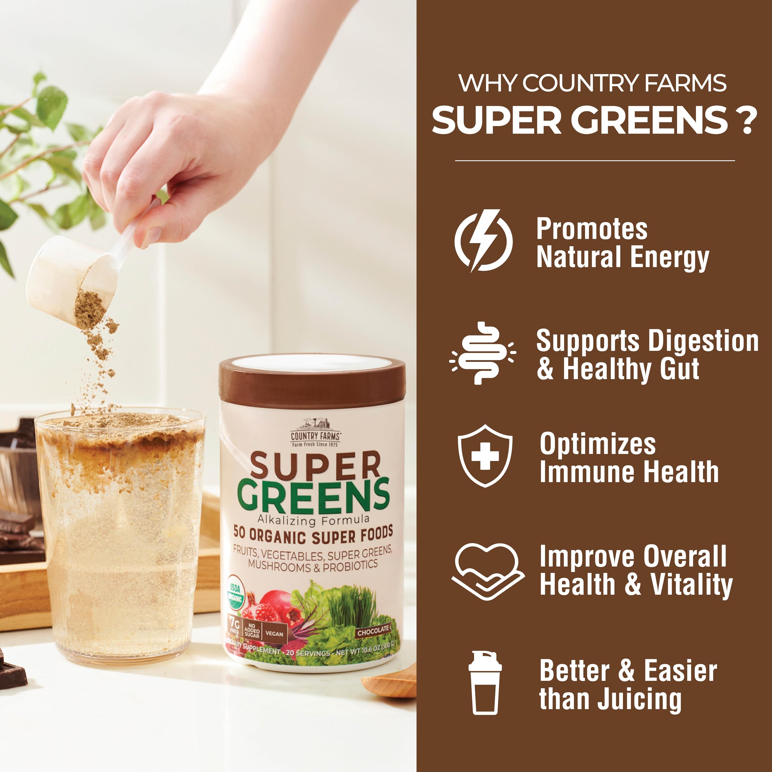 Country Farms Super Greens Chocolat – Ingrédients: 50 super-aliments biologiques.