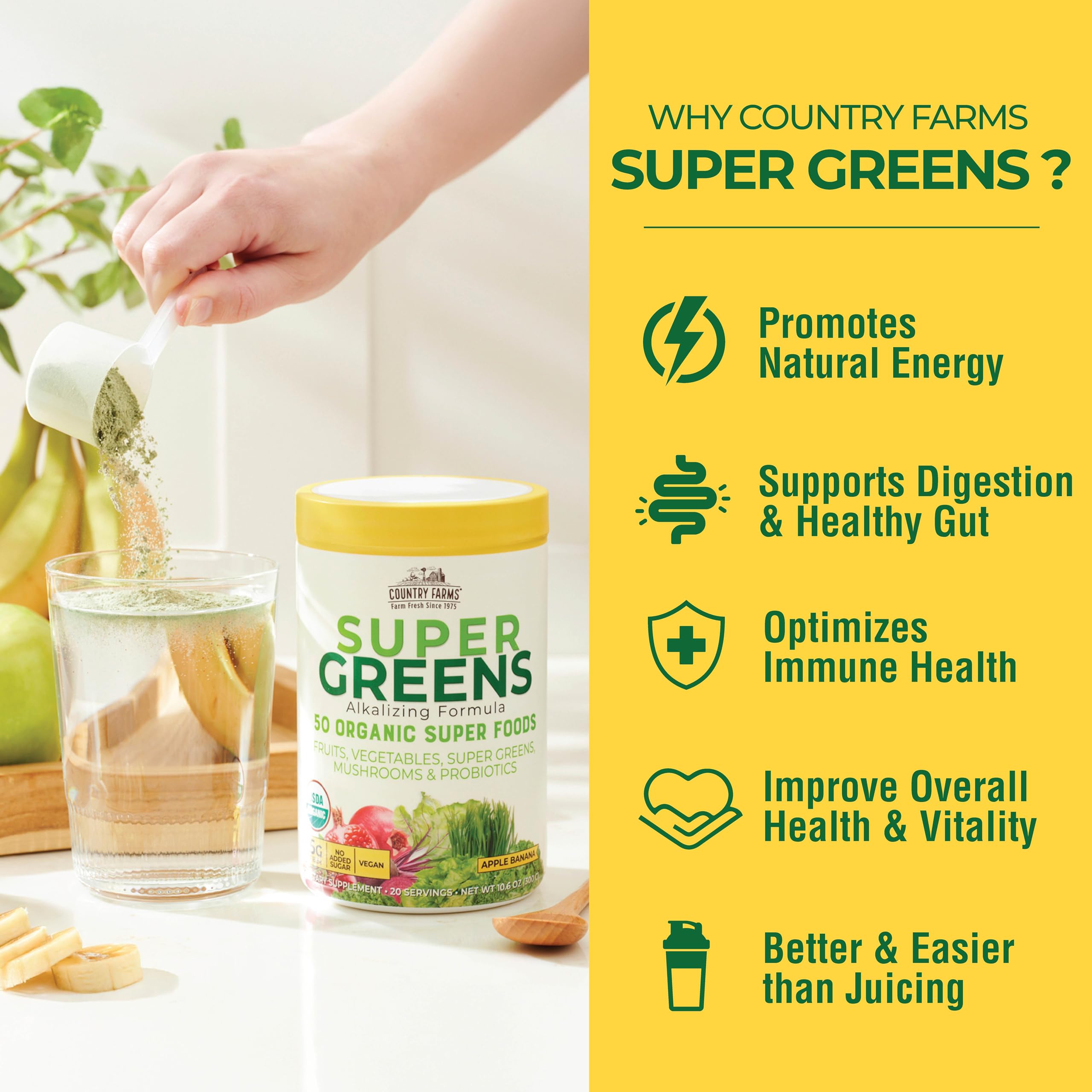 Country Farms Super Greens, cuillère-dose pratique, mesure une portion pour compléter votre alimentation.
