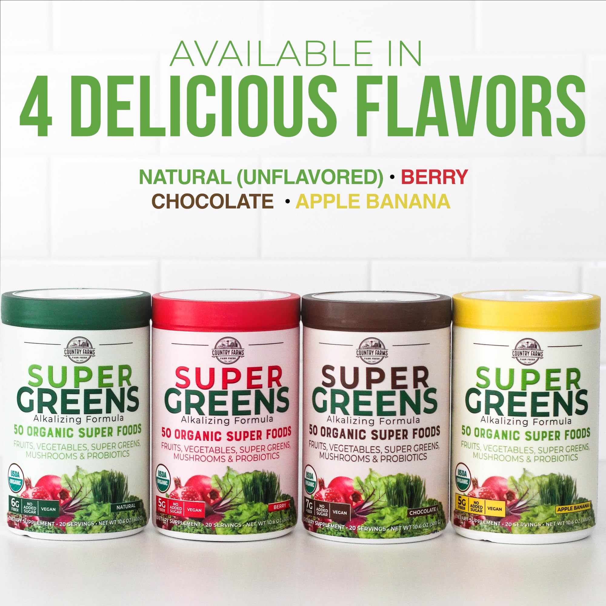 Country Farms Super Greens réunit fruits, légumes et champignons bio pour une base nutritionnelle.
