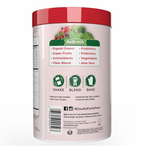 Country Farms Super Greens-poudre-fruits-legumes illustre un mélange nutritif prêt à boire.