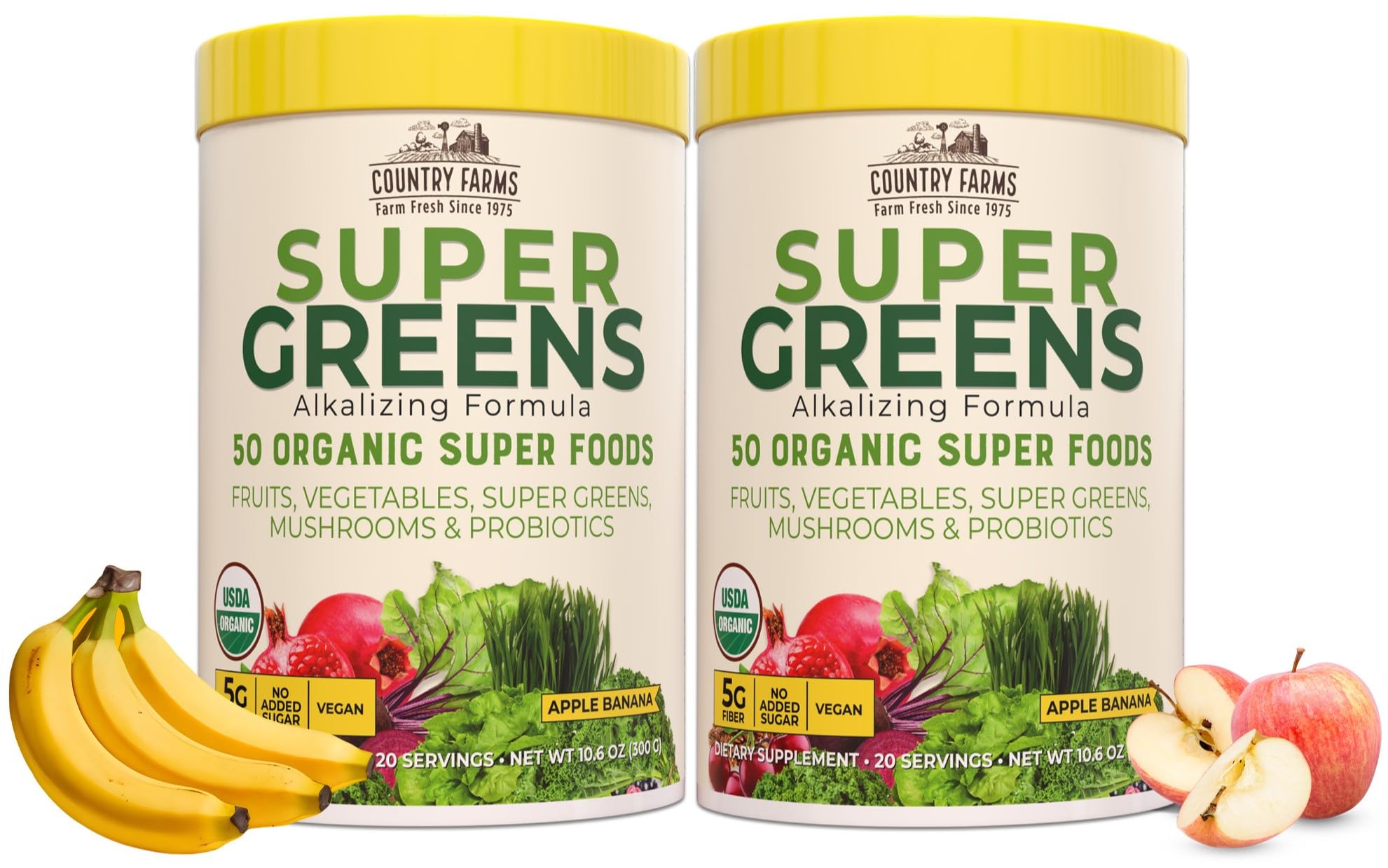Country Farms Super Greens, poudre pomme-banane, emballage pratique prêt pour démarrer la journée.