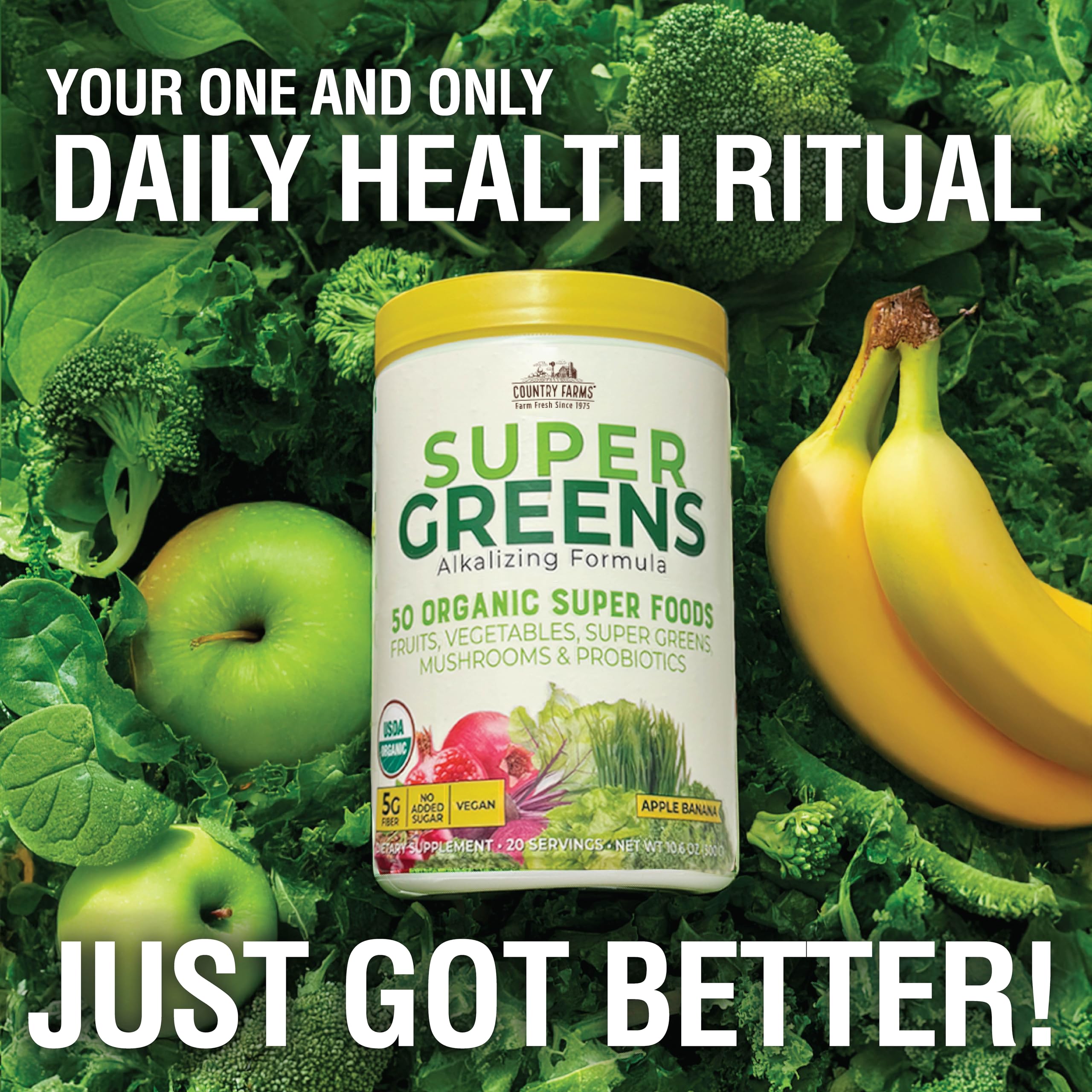Country Farms Super Greens se verse facilement dans une tasse pour un smoothie rapide.