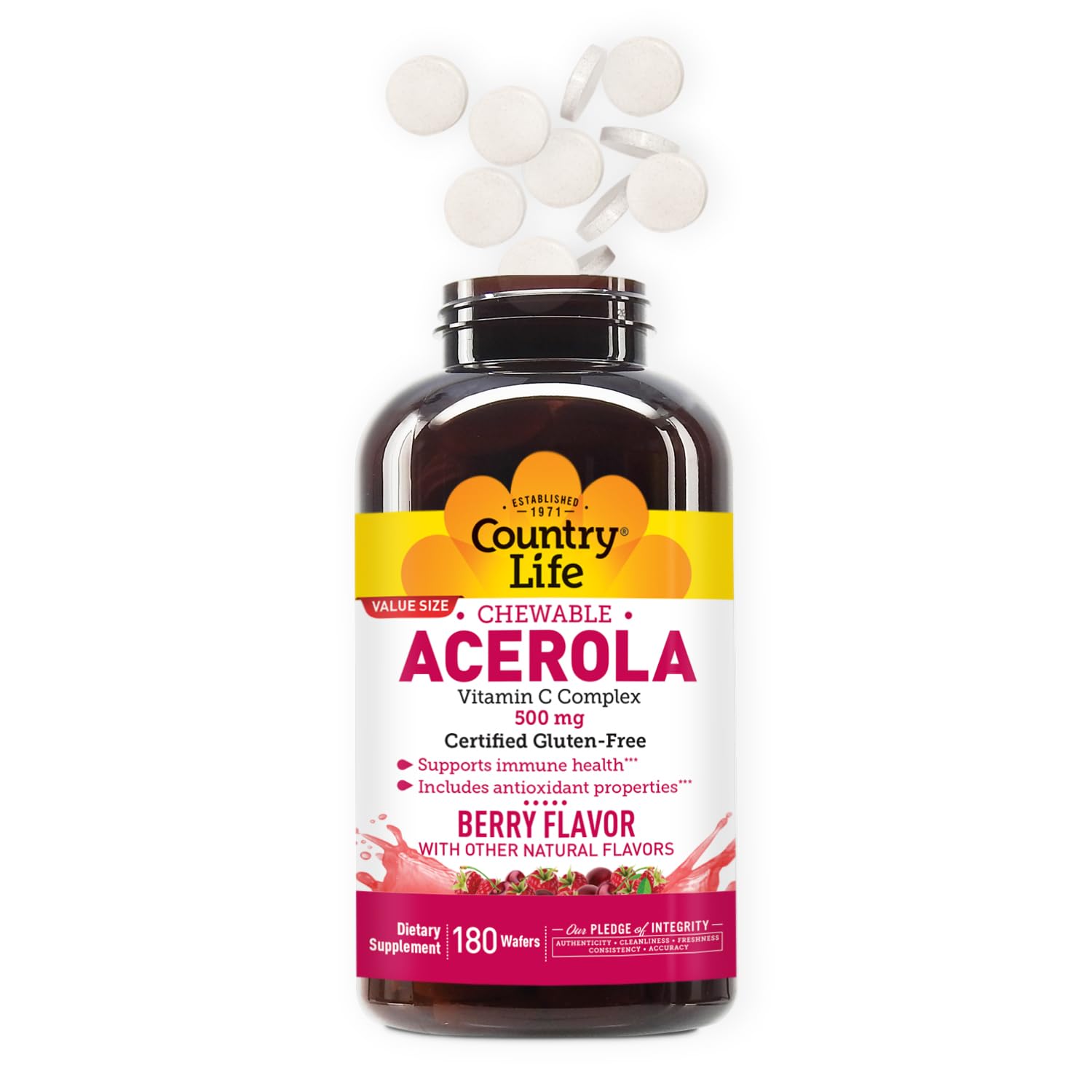 Country Life Acérola Vitamine C Complex 180 gaufrettes, format pratique et durable