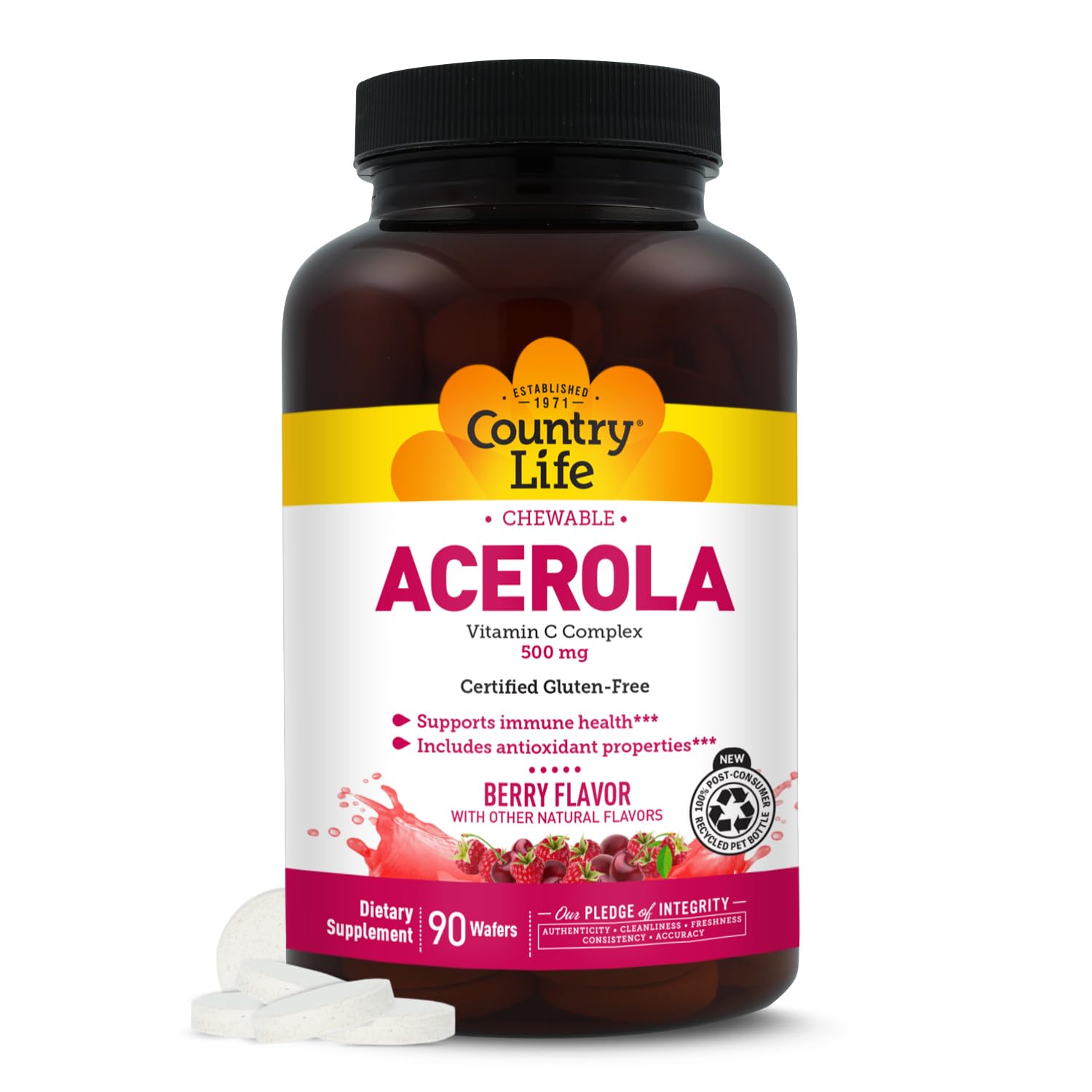 Country Life Acerola Vitamine C Complex – boîte 90 gommes, soutien immunitaire potentiel et goût fruité.