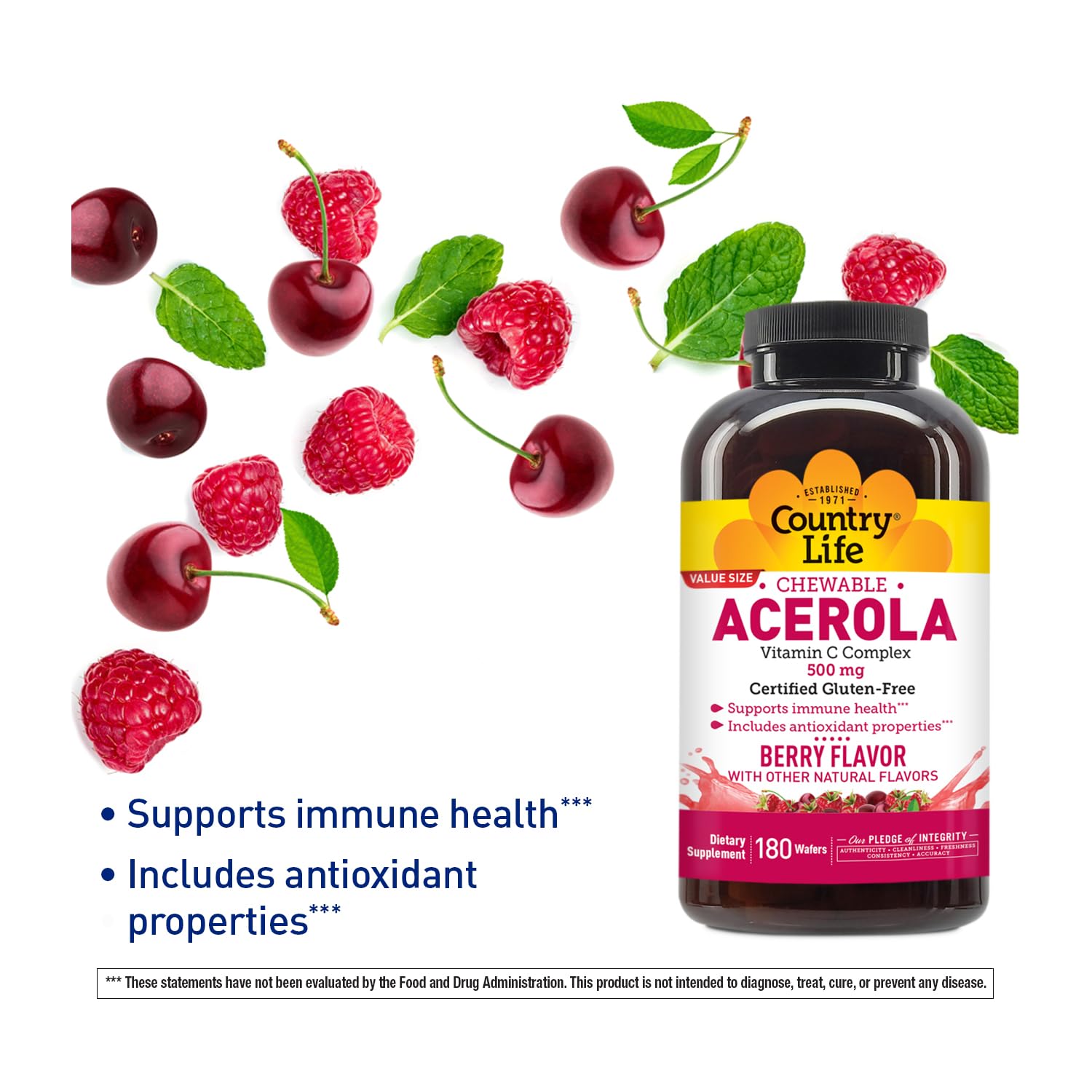 Country Life Acérola Vitamine C Complex gros plan sur les fruits Acérola avec bénéfice vitamine C naturelle