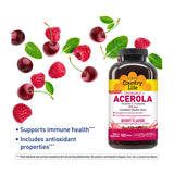 Country Life Acérola Vitamine C Complex gros plan sur les fruits Acérola avec bénéfice vitamine C naturelle