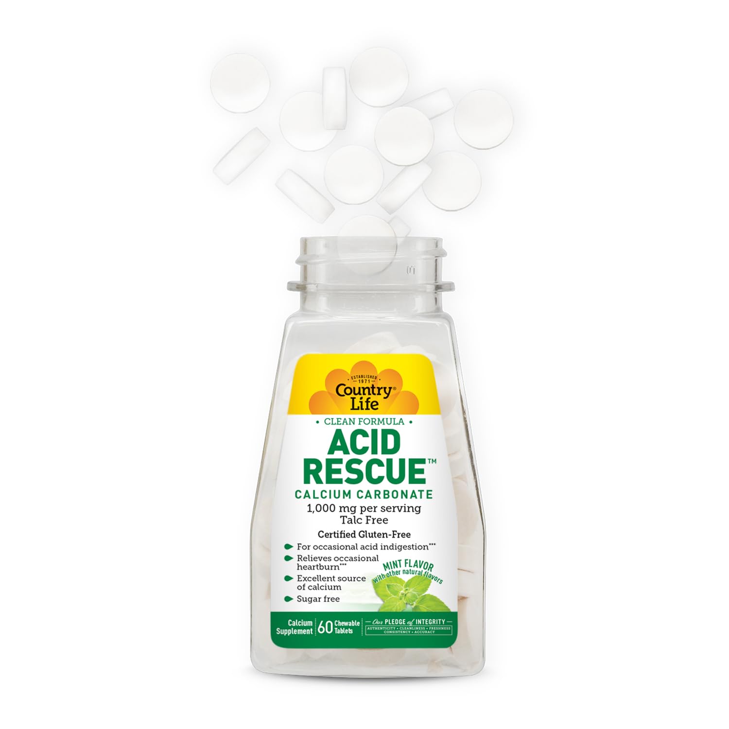 Country Life Acid Rescue boîte de 60 tablettes, format pratique pour le quotidien.