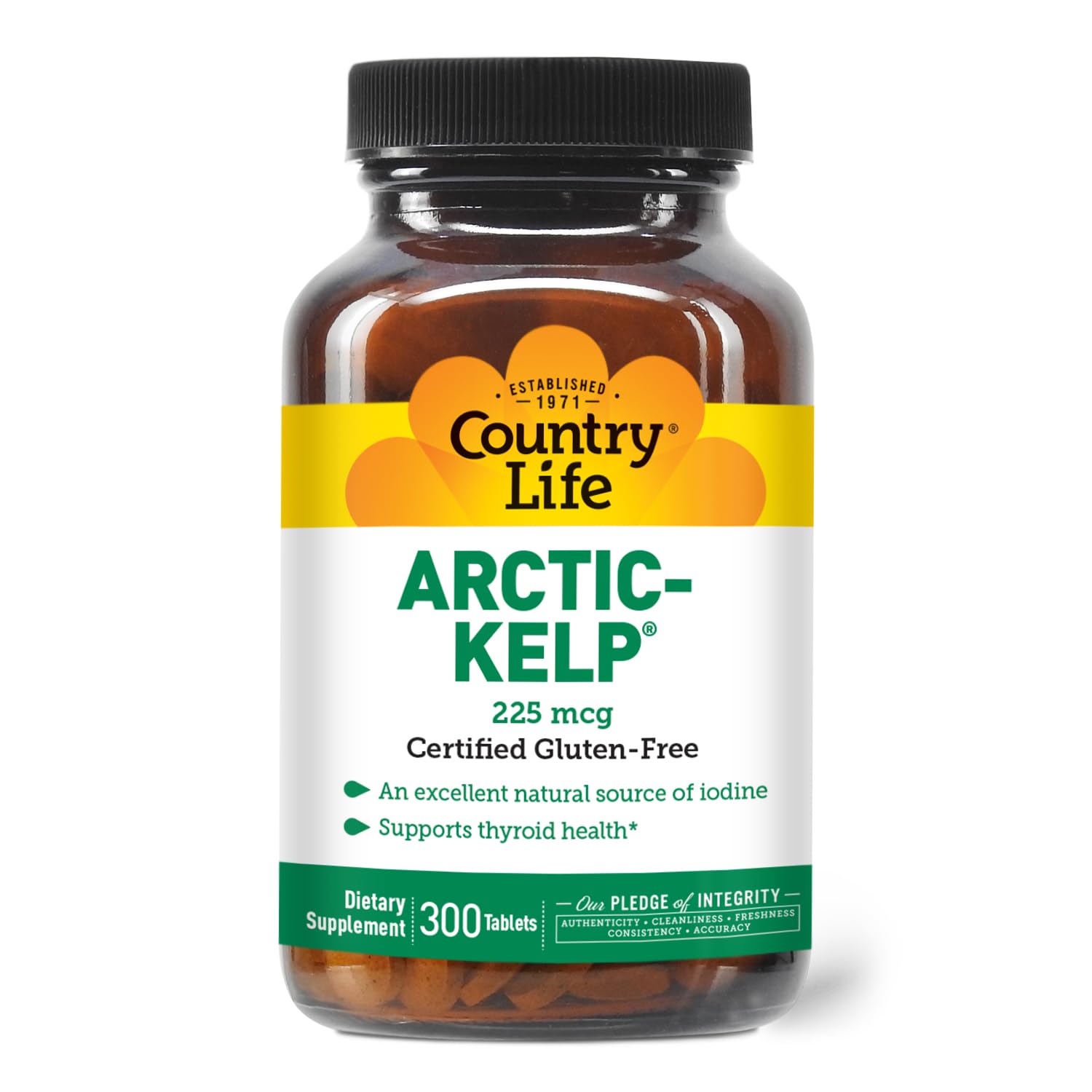 Country Life Arctic-Kelp: bouteille et étiquette claires, source naturelle d'iode pour le soutien thyroïdien.