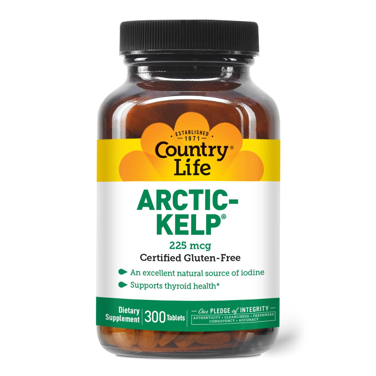 Country Life Arctic-Kelp: bouteille et étiquette claires, source naturelle d'iode pour le soutien thyroïdien.