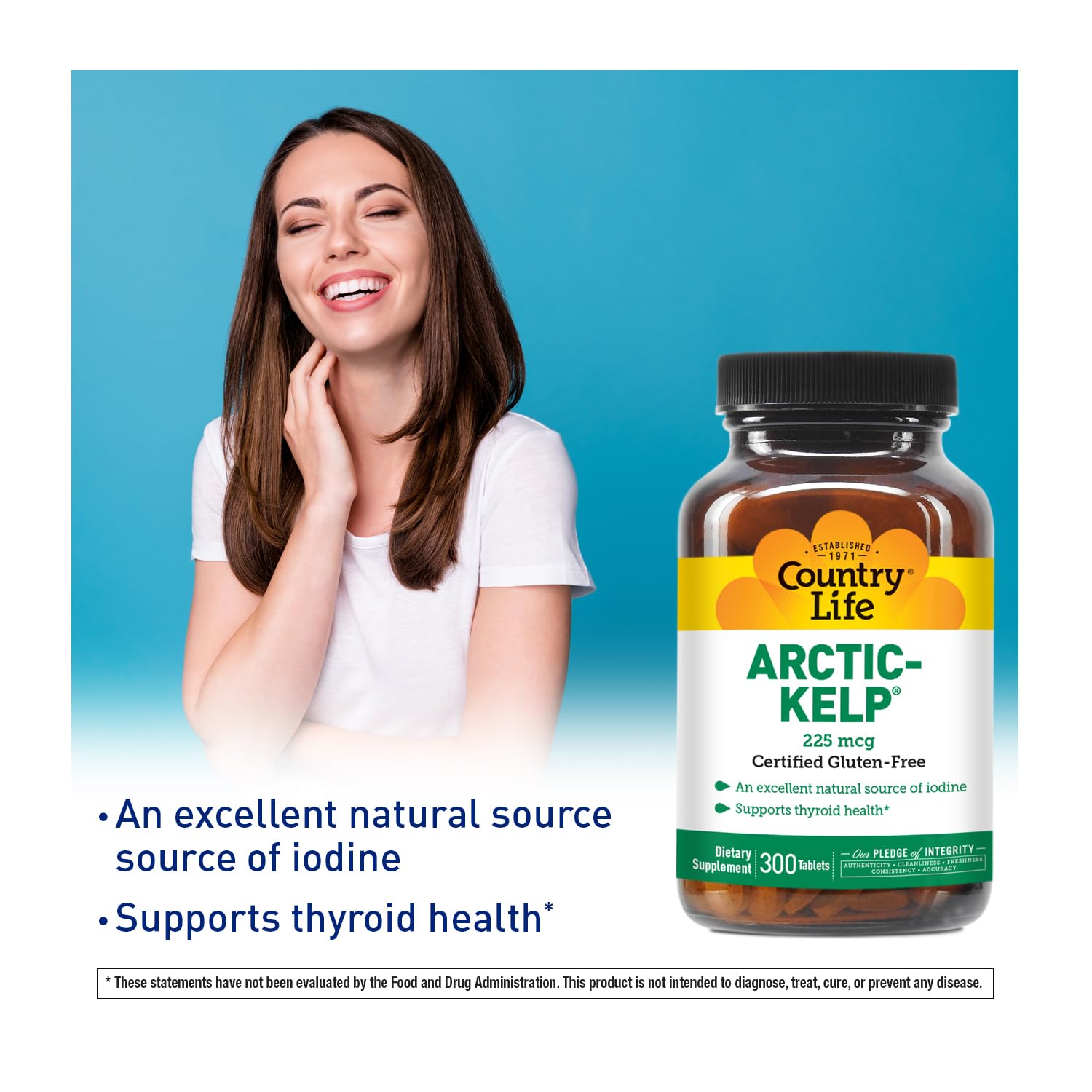 Country Life Arctic-Kelp: gélules couleur verdâtre, soutien végétalien sans allergènes courants.