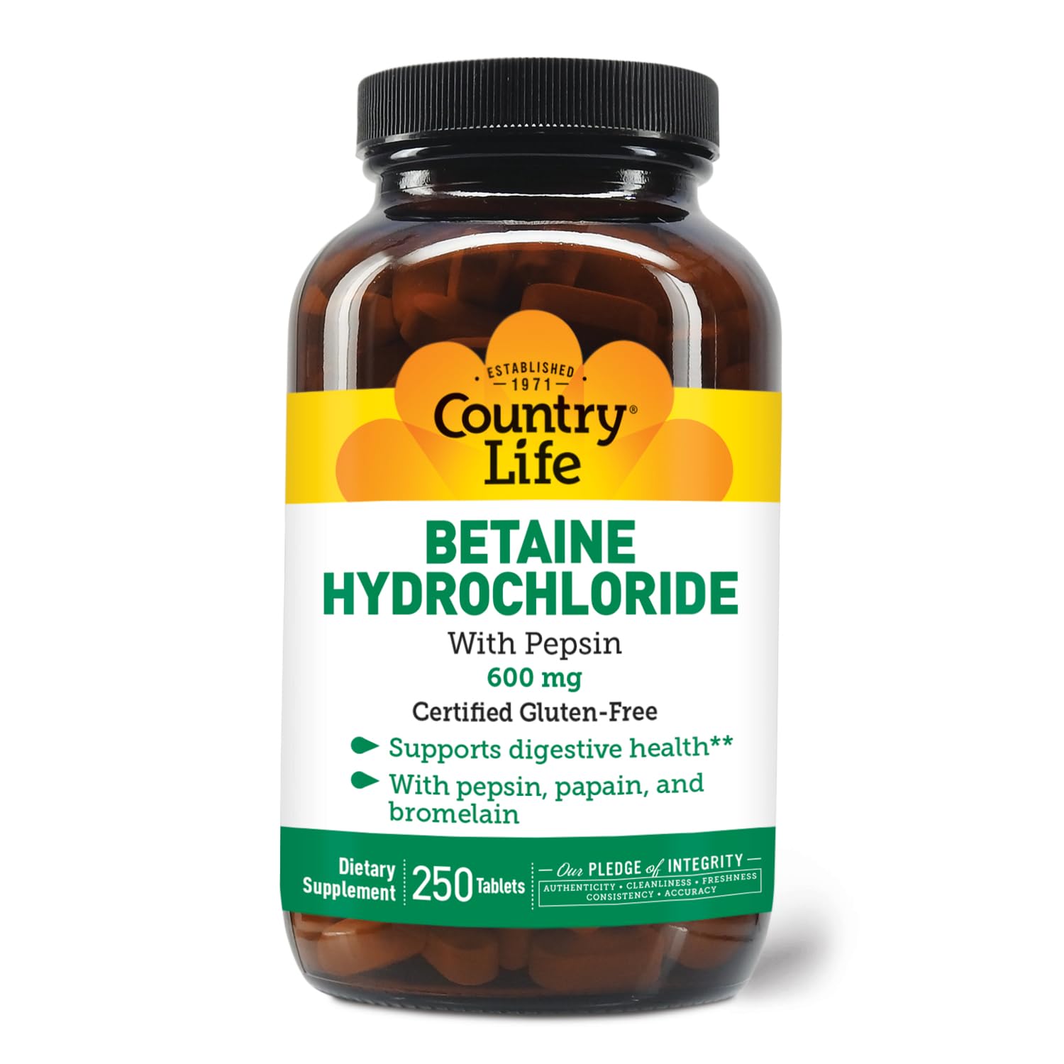 Country Life bétaïne-hydrochloride-pepsine – bouteille visible, soutien digestif potentiel après repas.