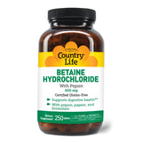 Country Life bétaïne-hydrochloride-pepsine – bouteille visible, soutien digestif potentiel après repas.