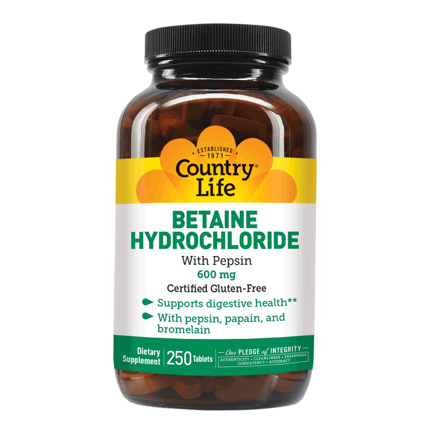 Country Life bétaïne-hydrochloride-pepsine – conseils d'utilisation simples pour les repas.