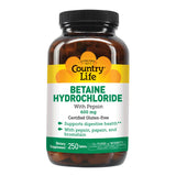 Country Life bétaïne-hydrochloride-pepsine – conseils d'utilisation simples pour les repas.