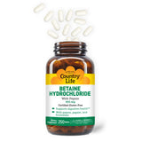 Country Life bétaïne-hydrochloride-pepsine – étiquette claire indiquant le dosage et les conseils.