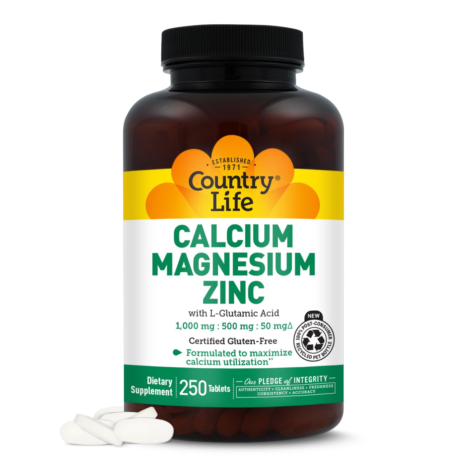 Country Life Calcium Magnesium Zinc — bouteille: soutien potentiel à la santé osseuse et absorption améliorée.
