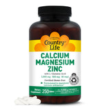 Country Life Calcium Magnesium Zinc — bouteille: soutien potentiel à la santé osseuse et absorption améliorée.