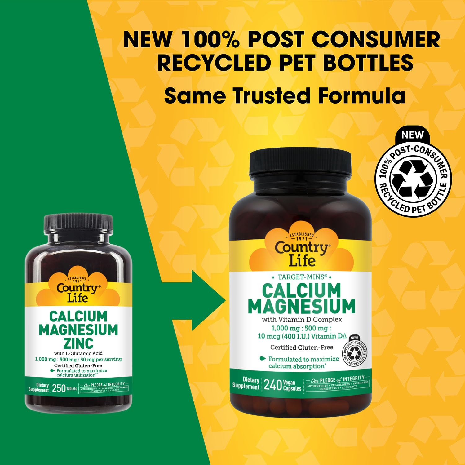 Country Life Calcium Magnesium Zinc — étiquette: détails de l'apport quotidien et ingrédients.