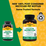 Country Life Calcium Magnesium Zinc — étiquette: détails de l'apport quotidien et ingrédients.