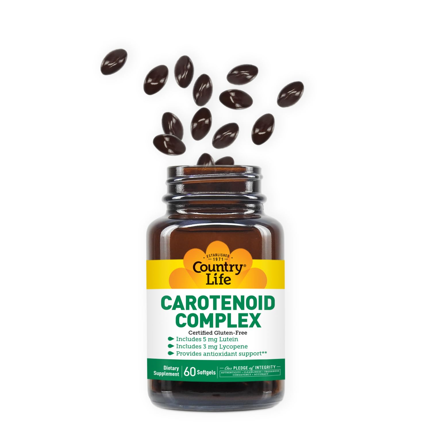 Country Life Carotenoide Complex, etiquette claire sur l'emballage pour information produit.