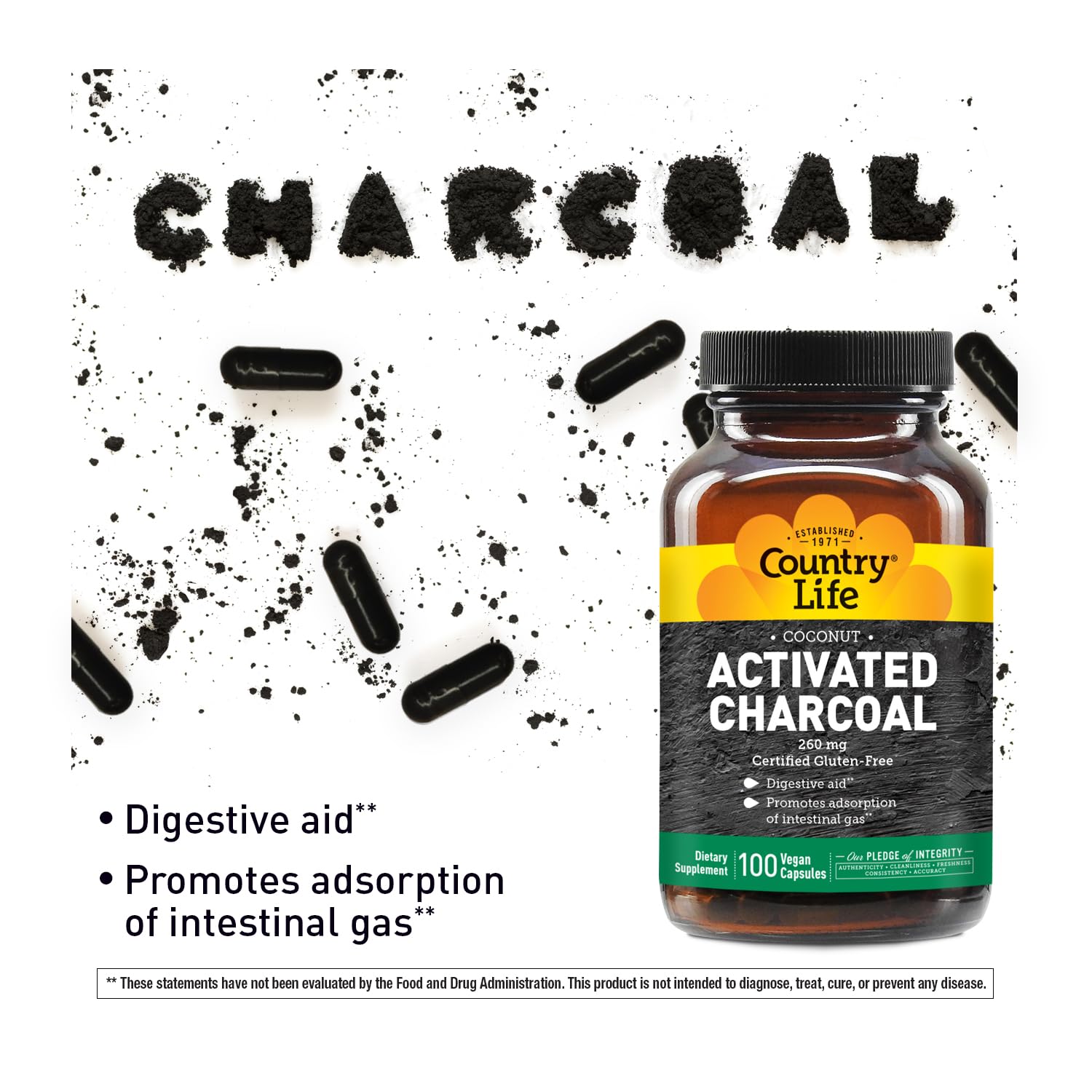 Country Life Charbon Actif Coco – etiquette vegan sans gluten.