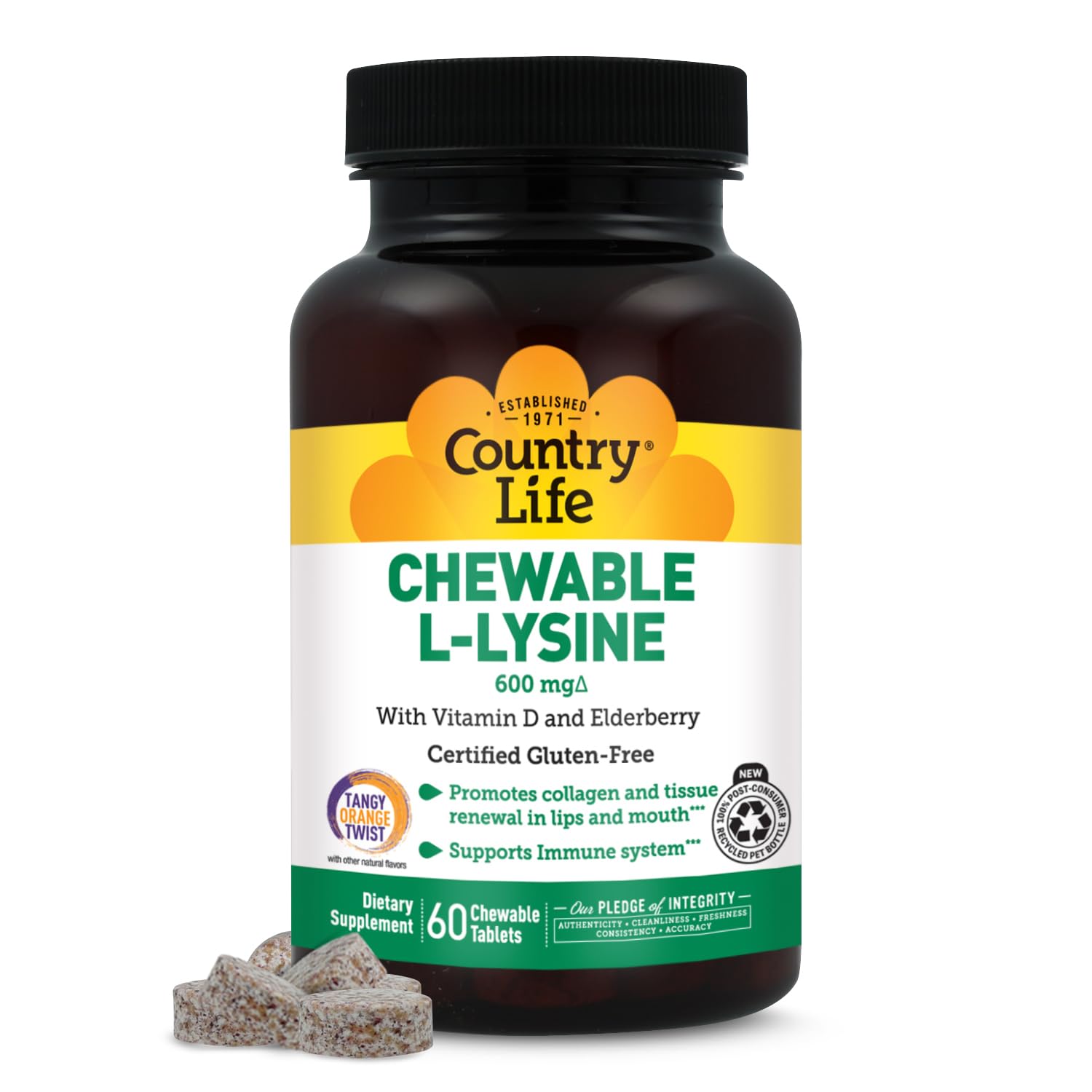 Country Life L-Lysine mâchable avec vitamine D et sureau, soutien immunitaire potentiel.